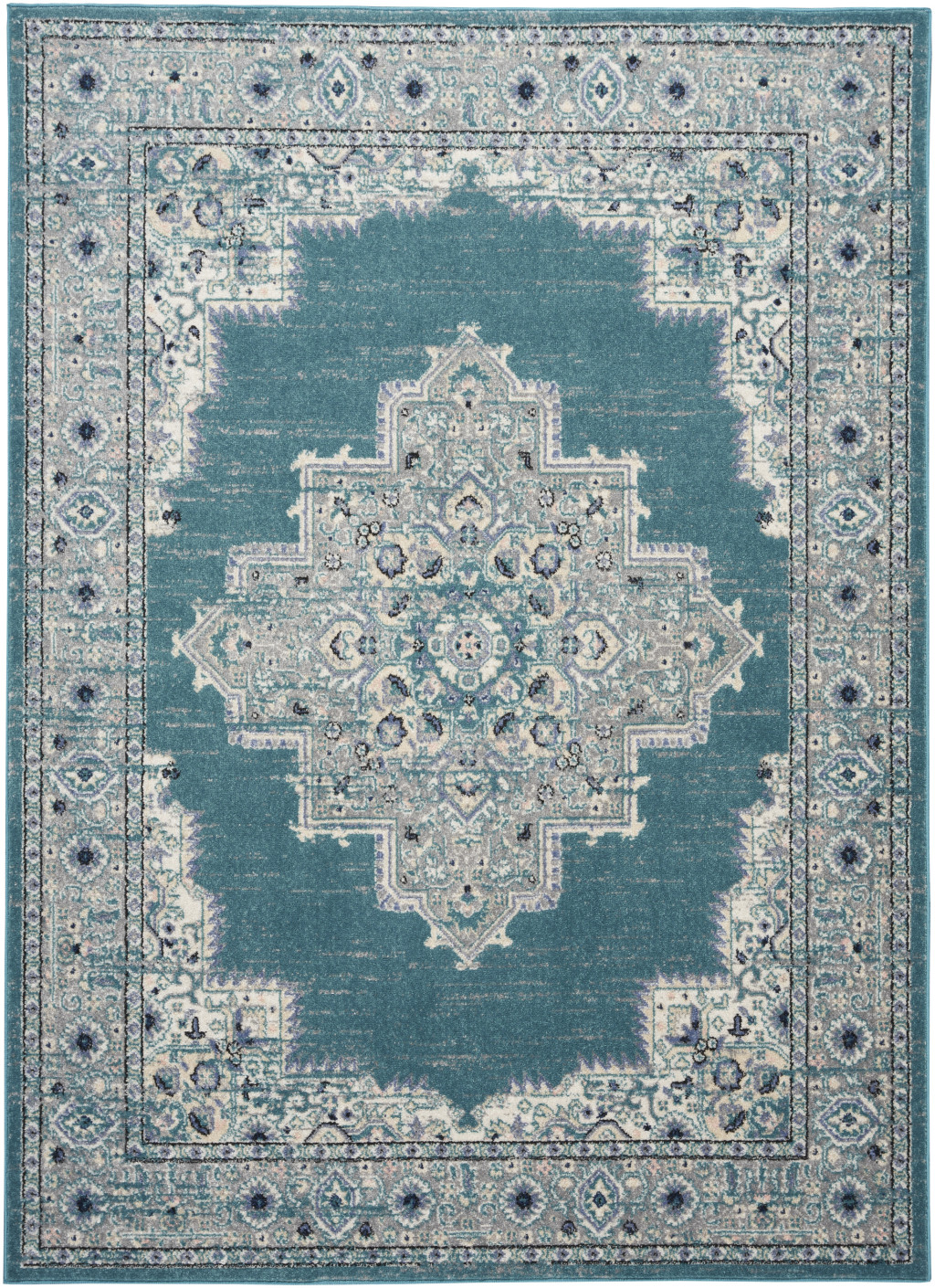 5 x 7 Aqua Floral Power Loom Distressed Area Rug