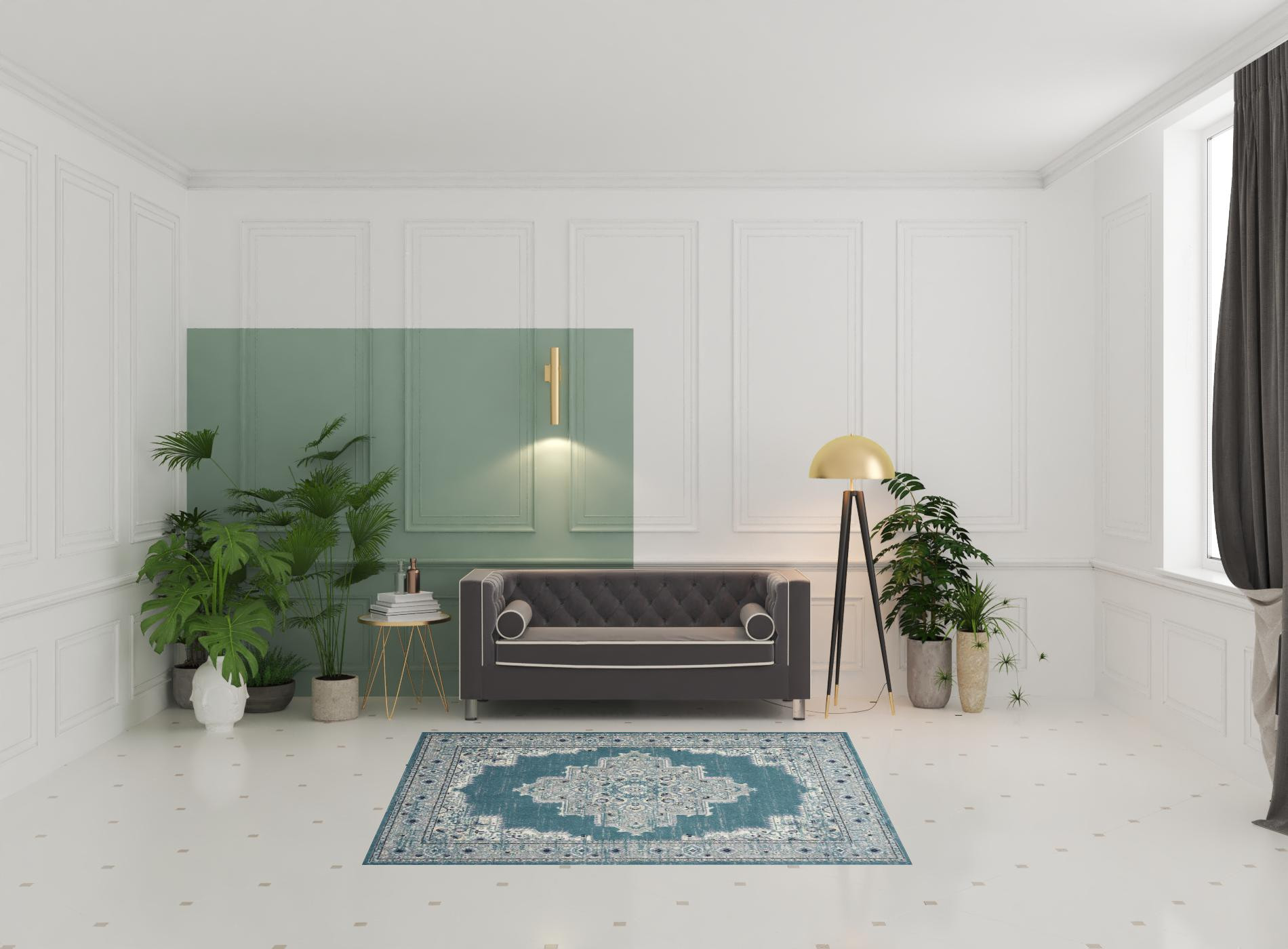 5 x 7 Aqua Floral Power Loom Distressed Area Rug