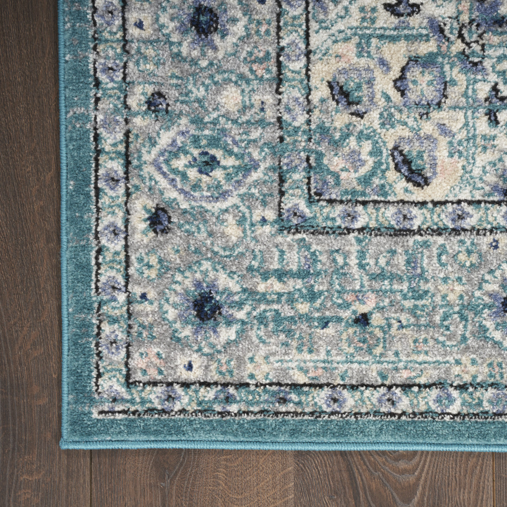 5 x 7 Aqua Floral Power Loom Distressed Area Rug