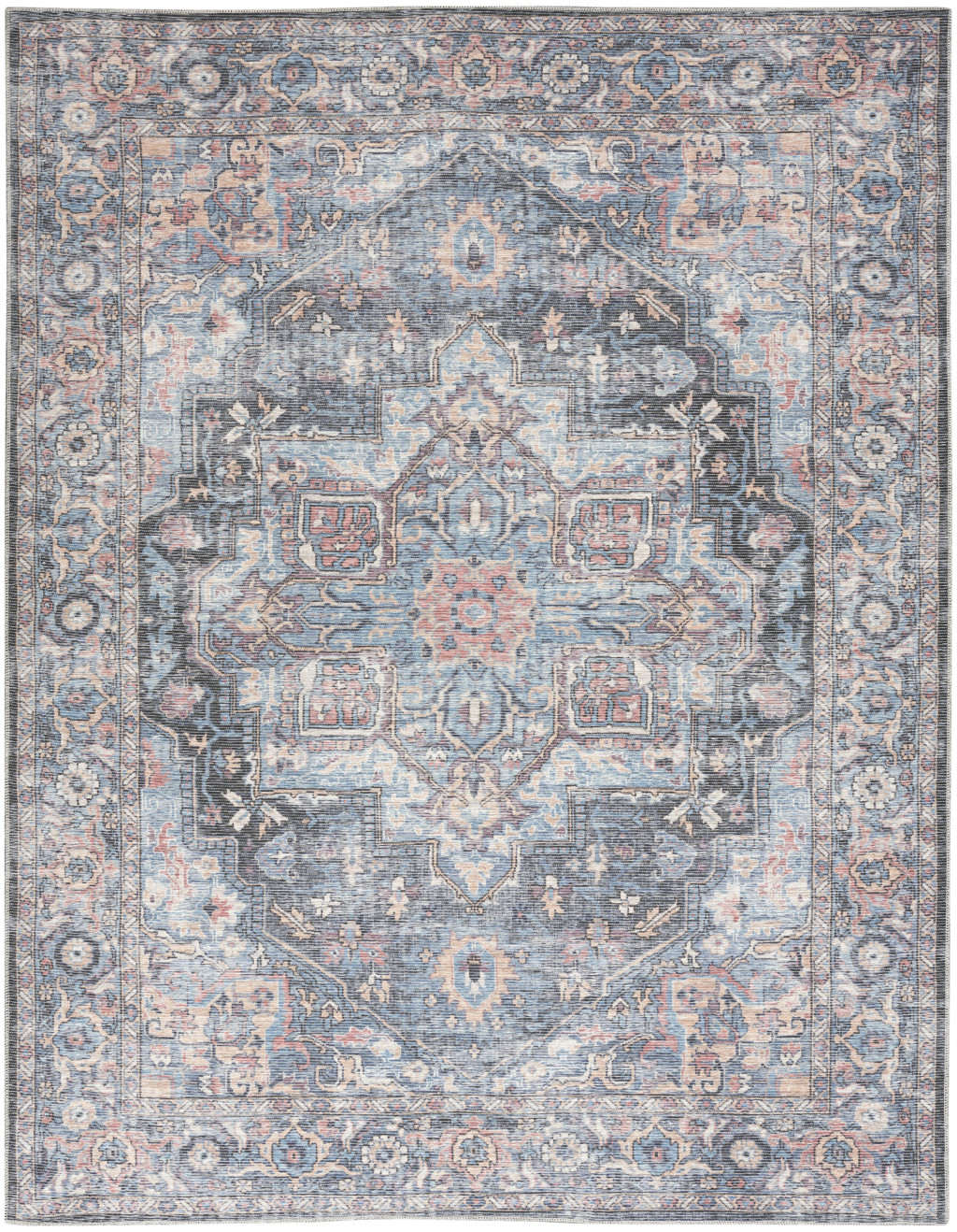 8 X 10 Blue Floral Power Loom Distressed Washable Area Rug