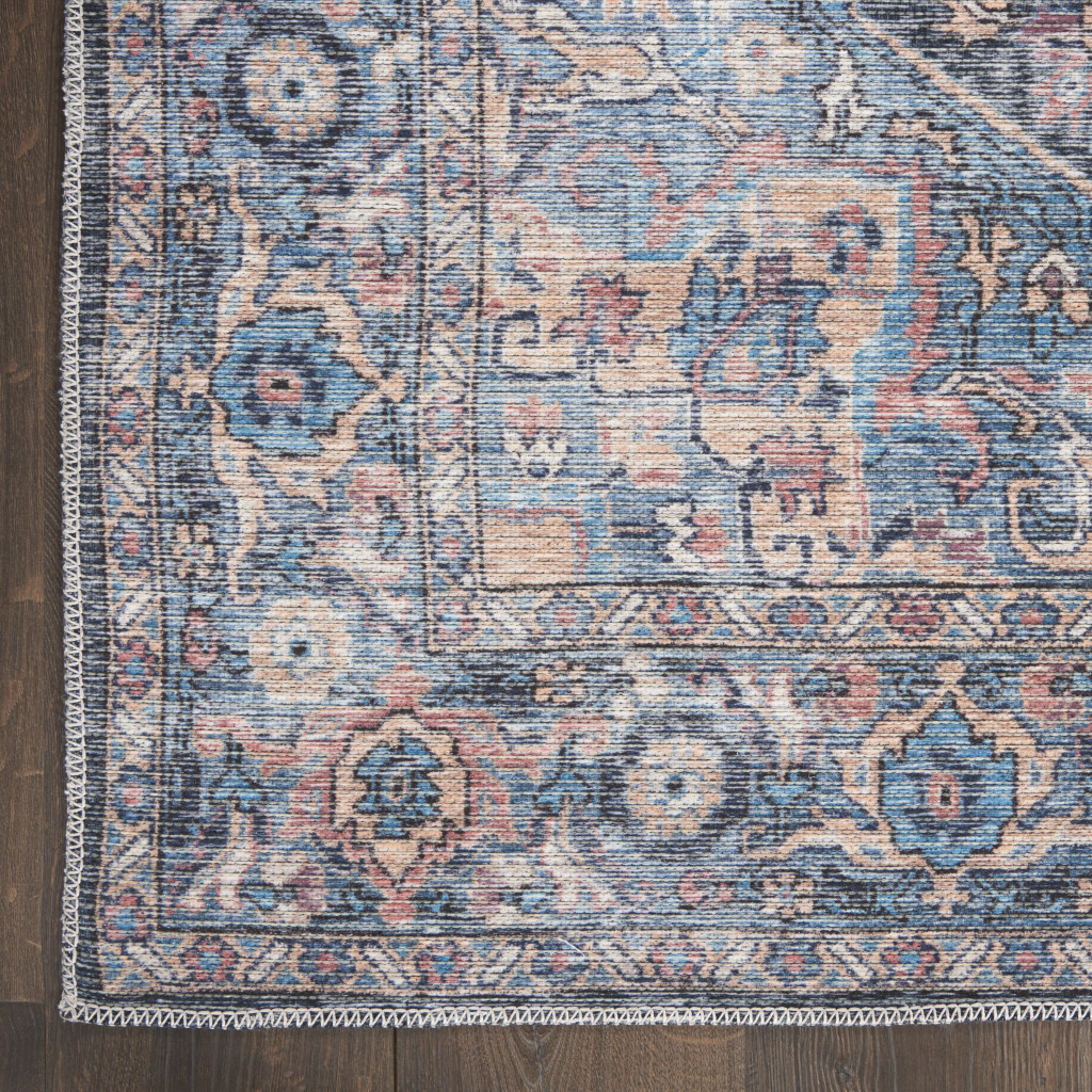 8" X 10" Blue Floral Power Loom Distressed Washable Area Rug