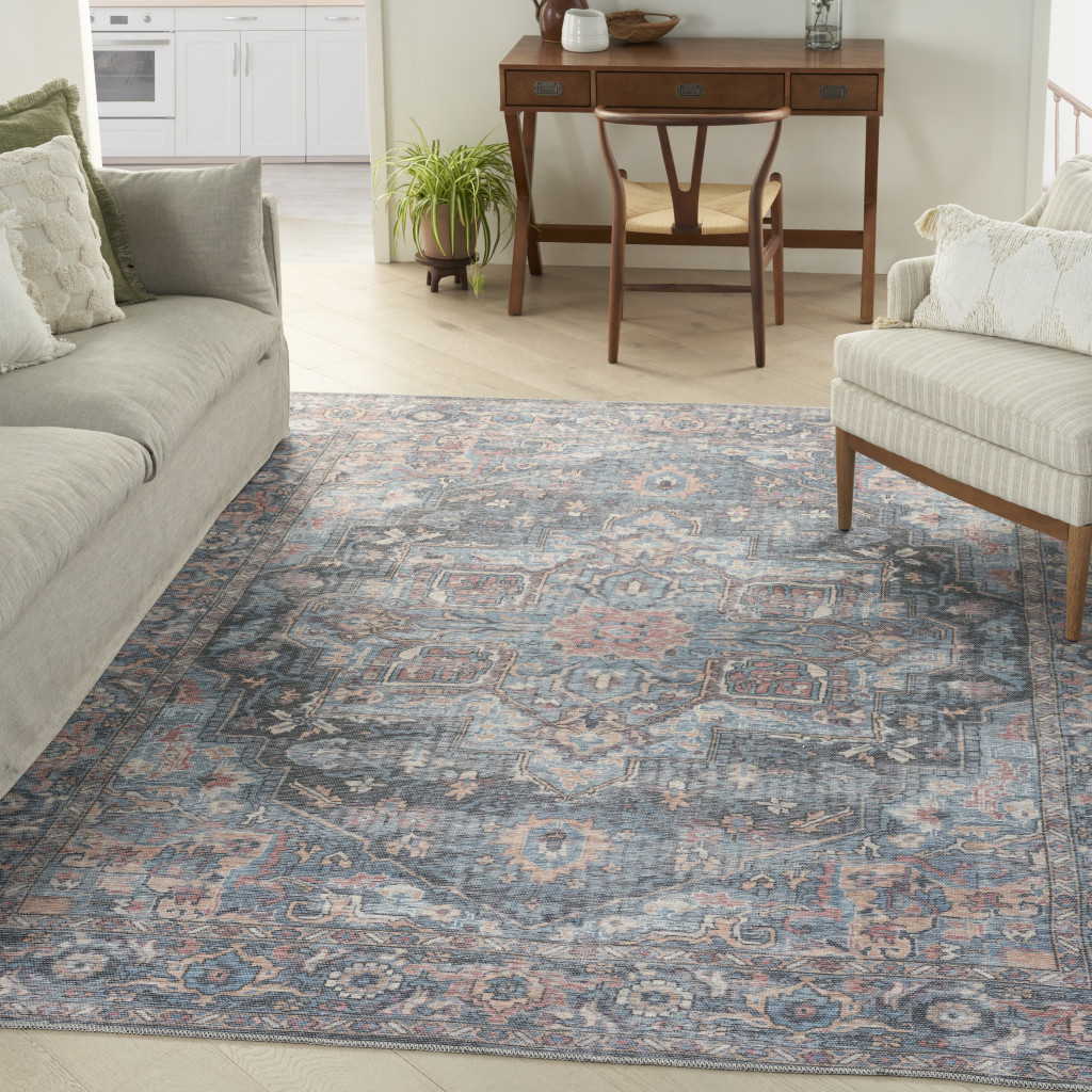 8" X 10" Blue Floral Power Loom Distressed Washable Area Rug