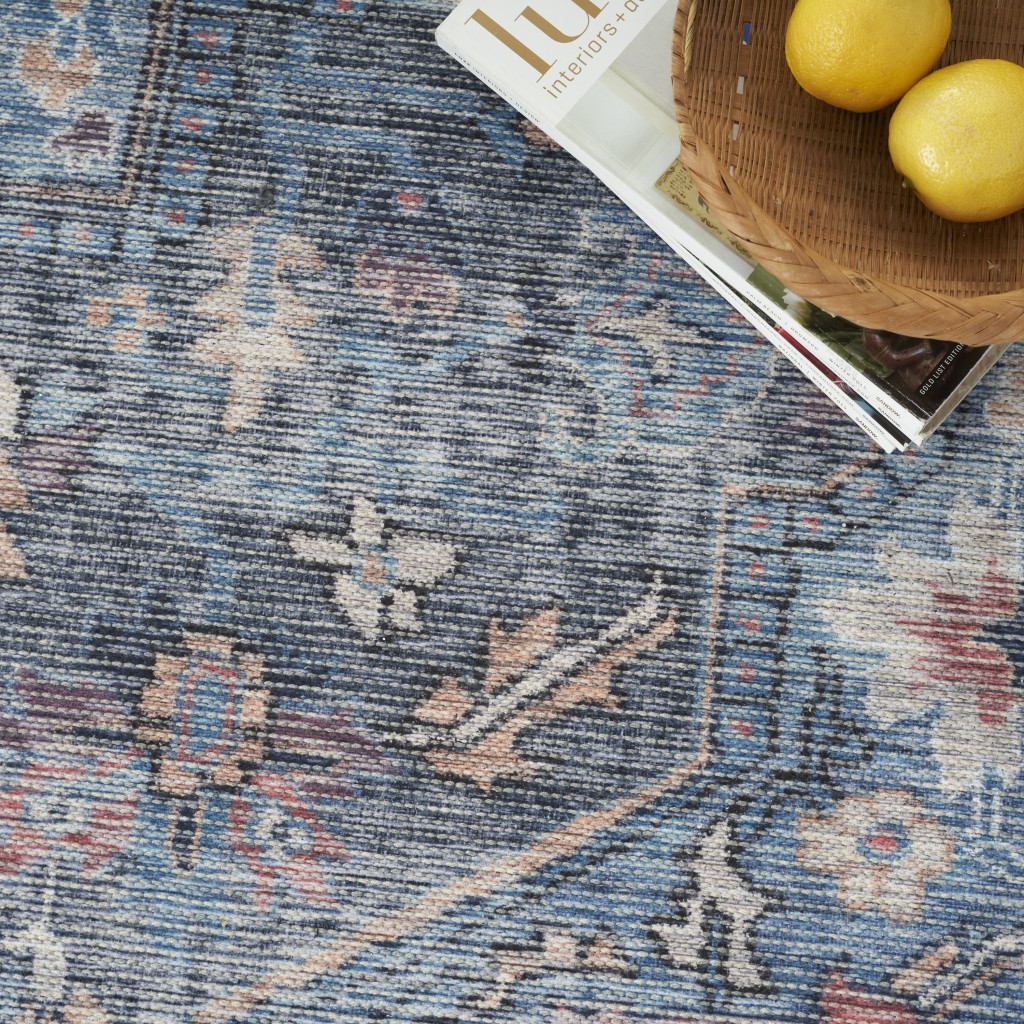 8" X 10" Blue Floral Power Loom Distressed Washable Area Rug
