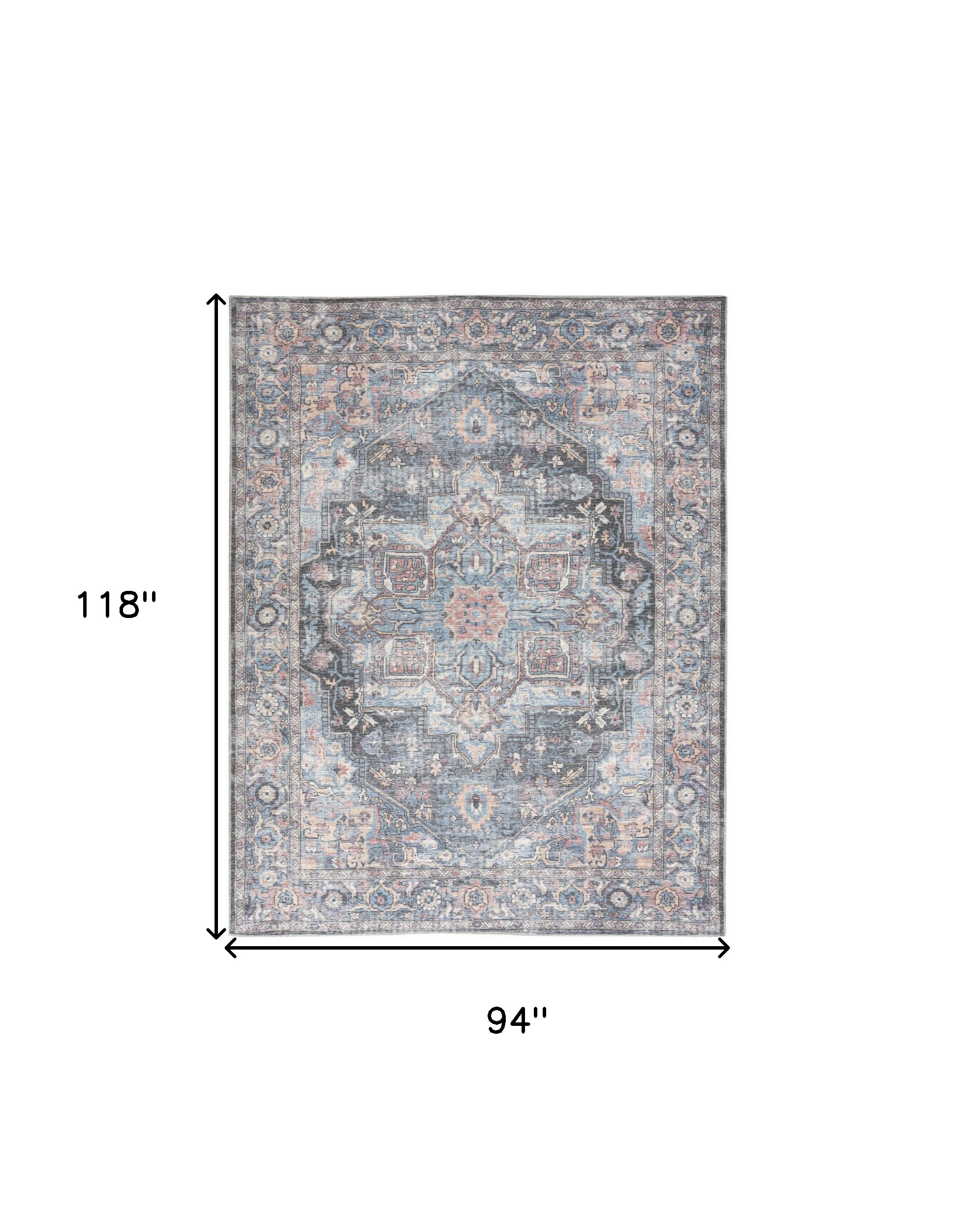 8" X 10" Blue Floral Power Loom Distressed Washable Area Rug