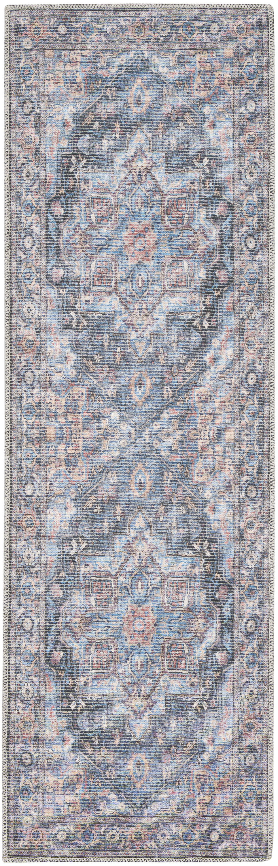 10" Blue Floral Power Loom Distressed Washable Runner Rug