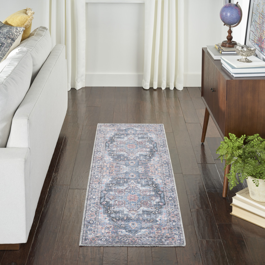 10" Blue Floral Power Loom Distressed Washable Runner Rug