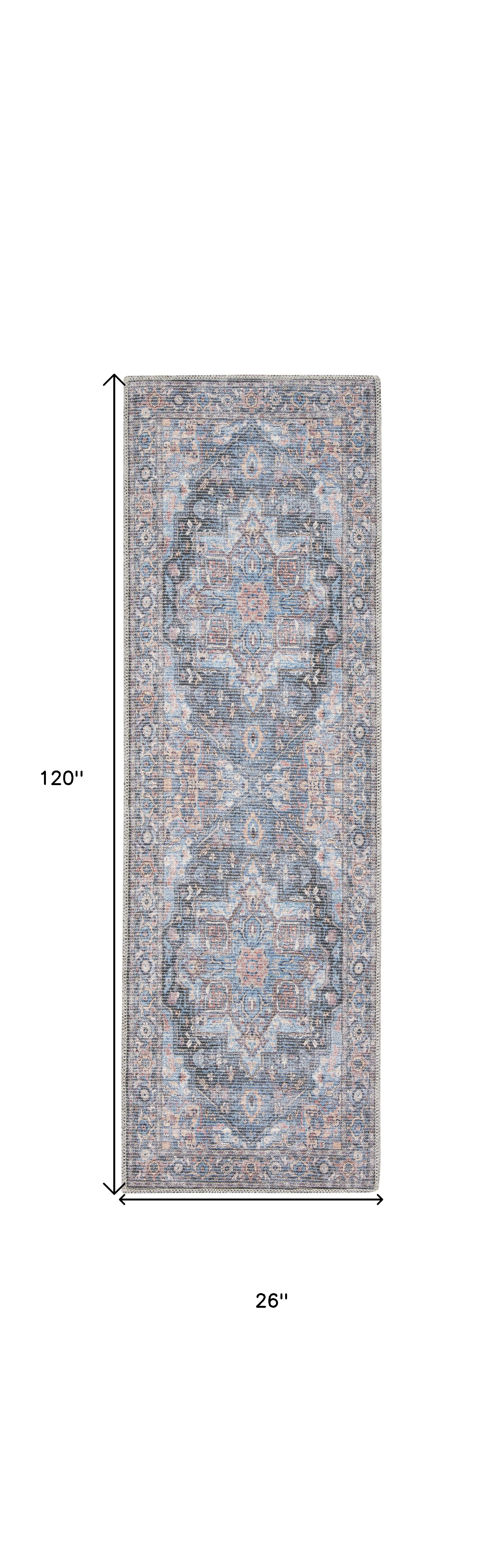 10" Blue Floral Power Loom Distressed Washable Runner Rug