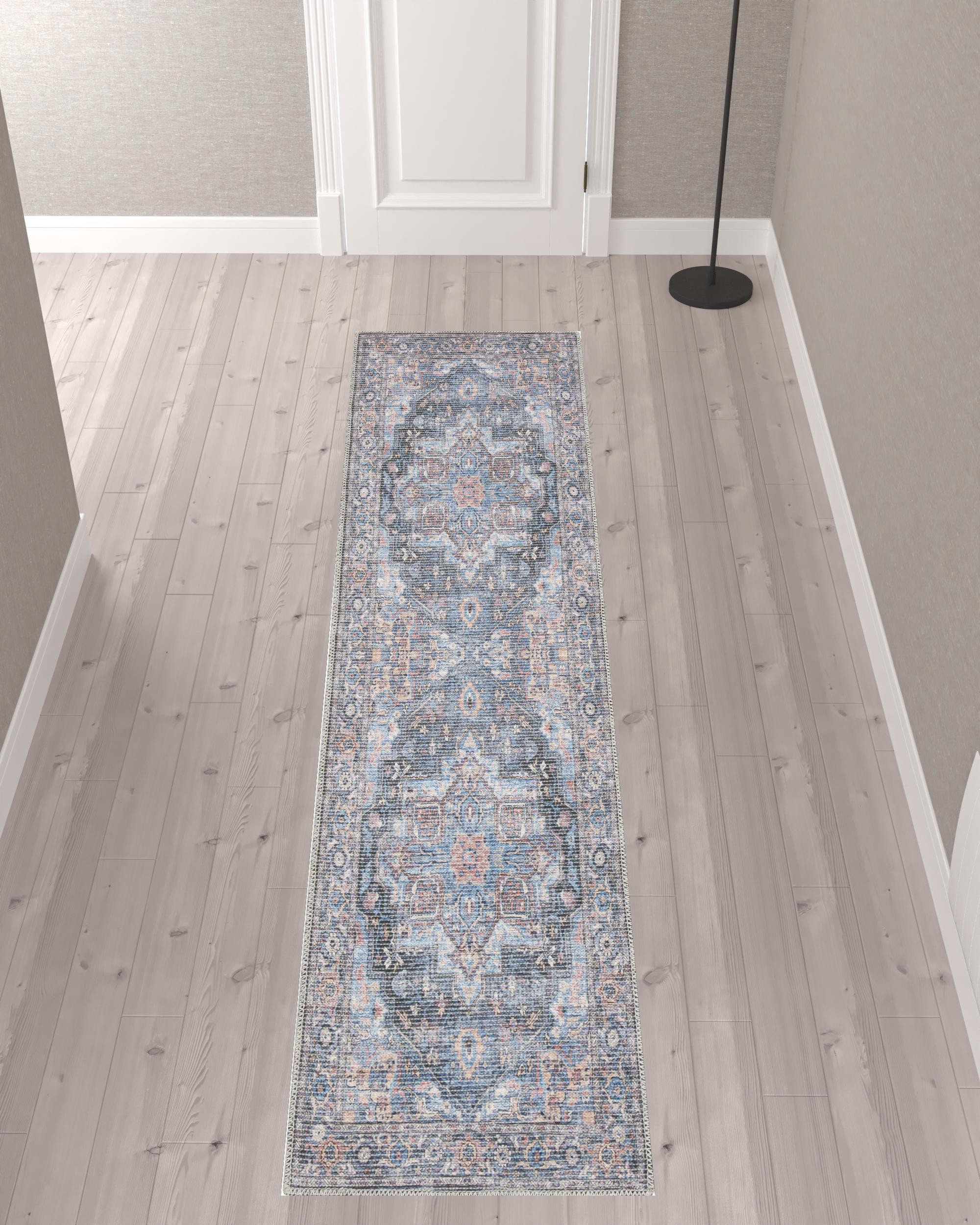 10" Blue Floral Power Loom Distressed Washable Runner Rug
