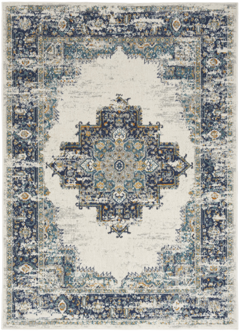 5" X 7" Cream Floral Power Loom Distressed Area Rug