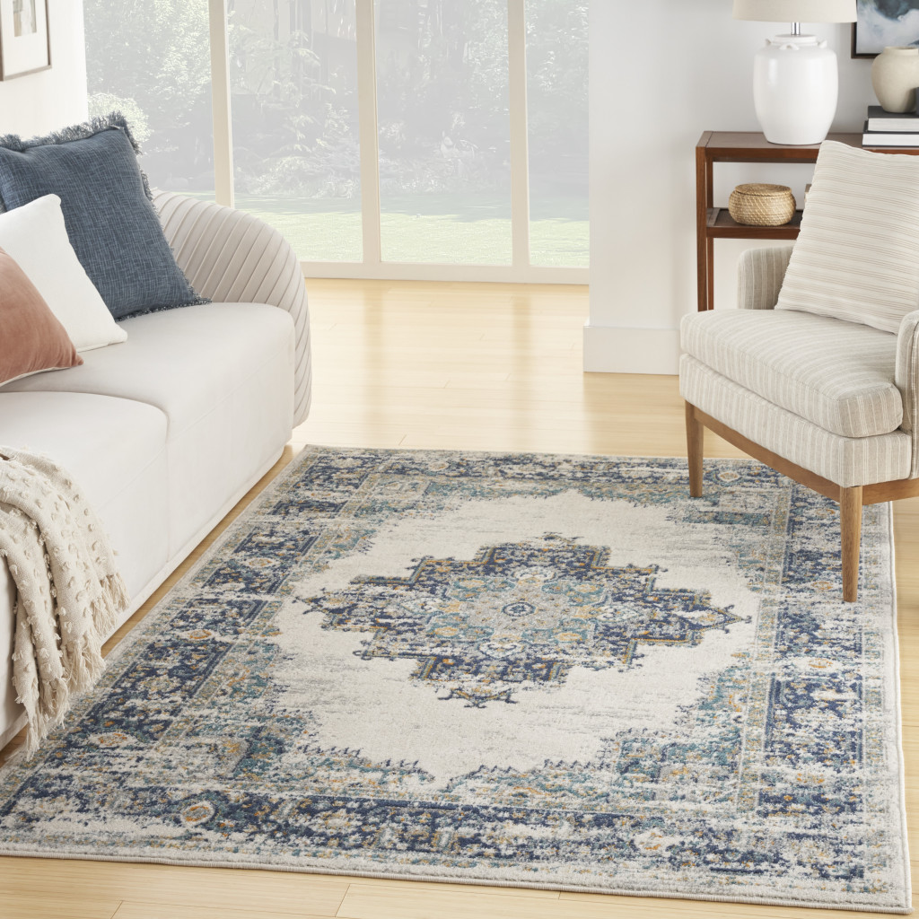 5" X 7" Cream Floral Power Loom Distressed Area Rug