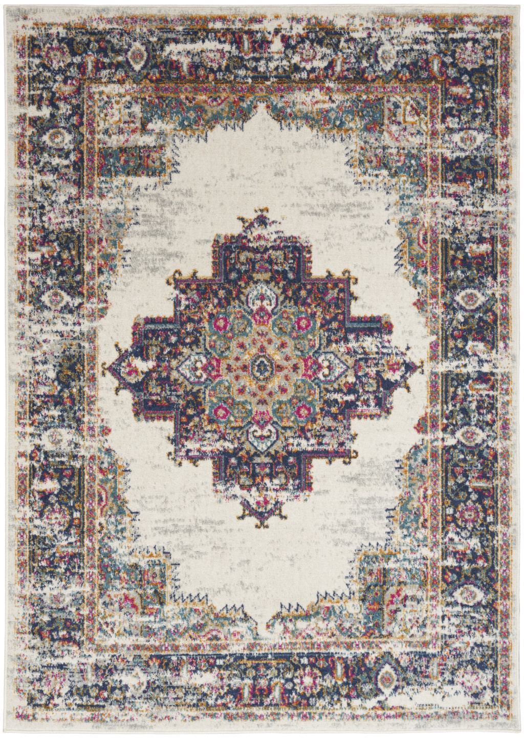 5" X 7" Cream Floral Power Loom Distressed Area Rug