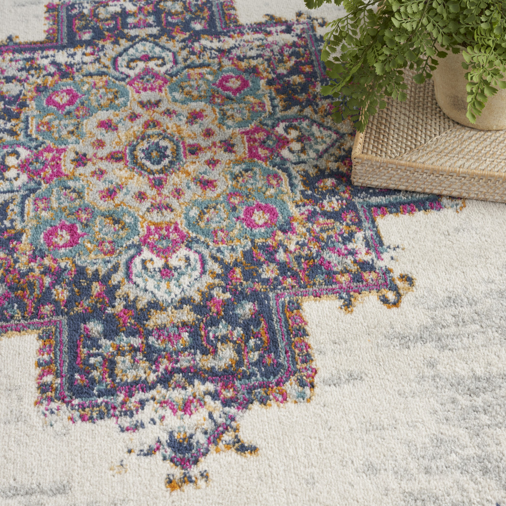 5" X 7" Cream Floral Power Loom Distressed Area Rug