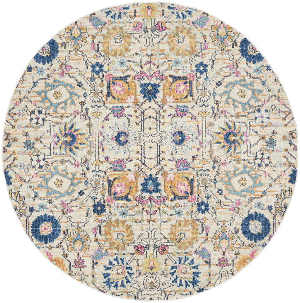 8 cream Round Floral Power Loom Area Rug