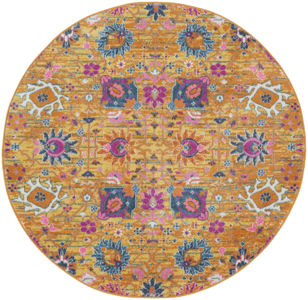 5 gold Round Floral Power Loom Area Rug