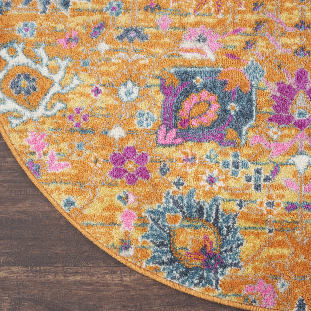 5 gold Round Floral Power Loom Area Rug