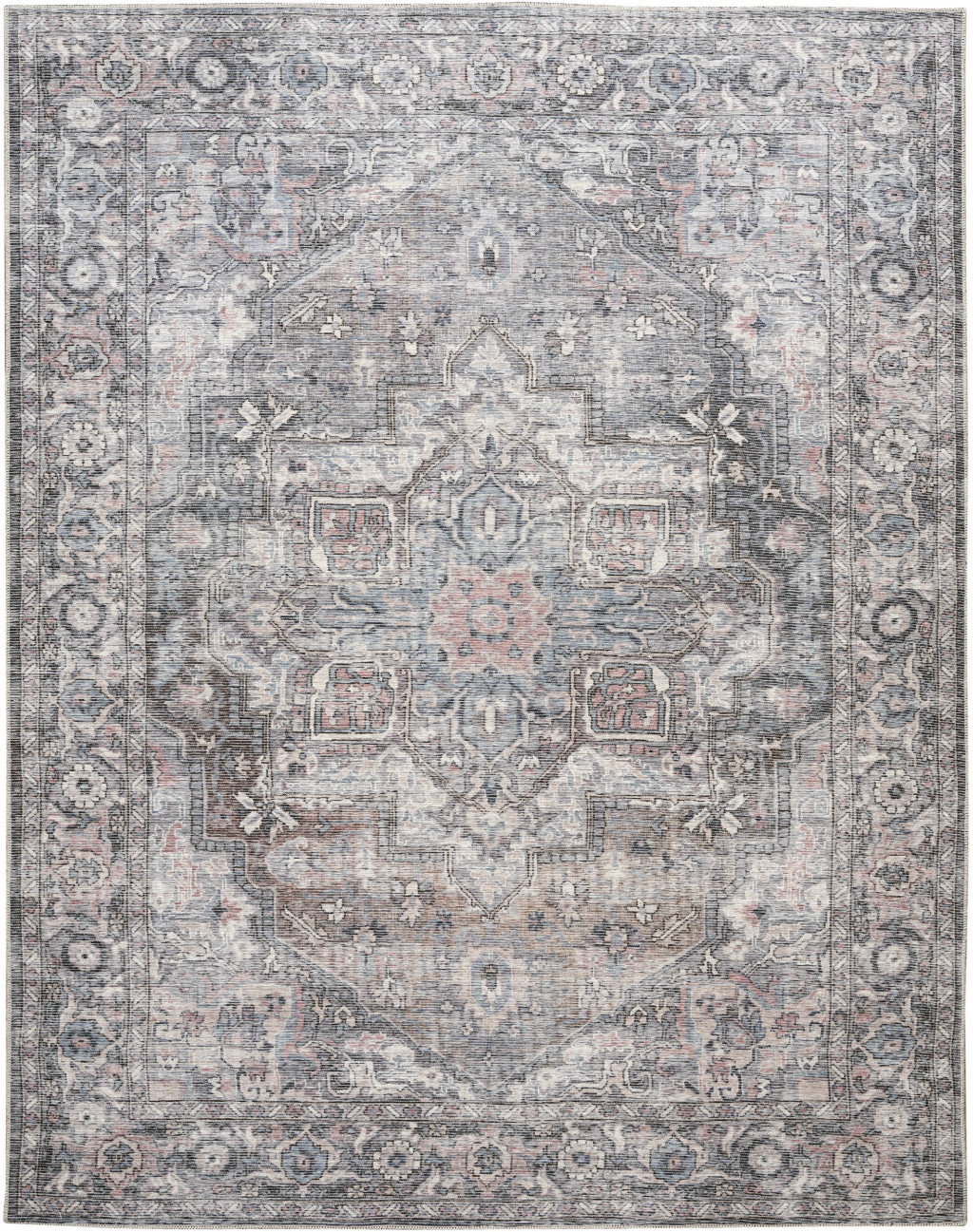 8" X 10" Gray Floral Power Loom Distressed Washable Area Rug