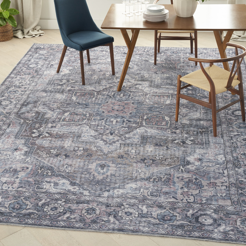 8" X 10" Gray Floral Power Loom Distressed Washable Area Rug