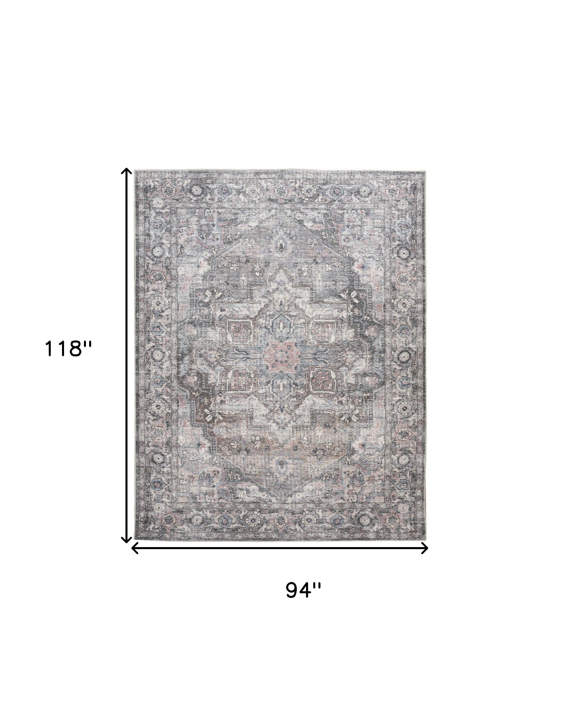8" X 10" Gray Floral Power Loom Distressed Washable Area Rug