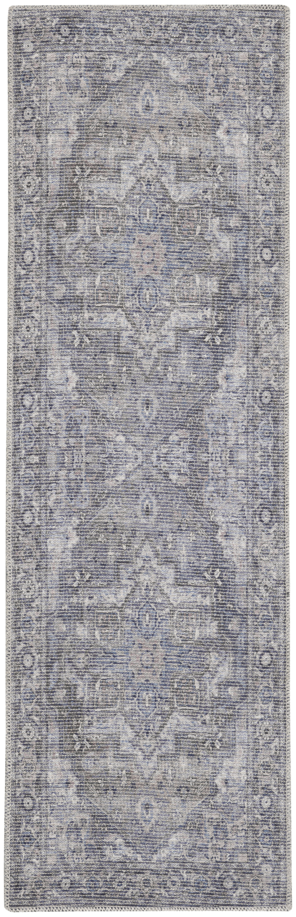 10" Gray Floral Power Loom Distressed Washable Runner Rug