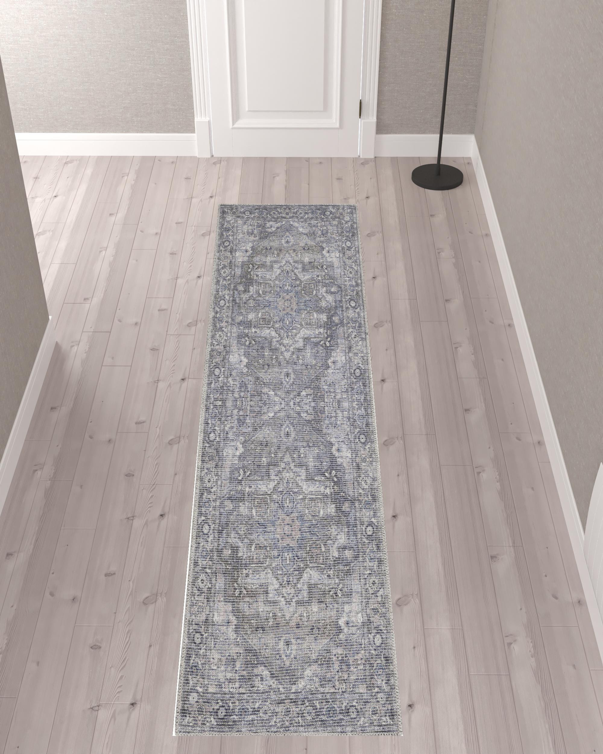 10" Gray Floral Power Loom Distressed Washable Runner Rug