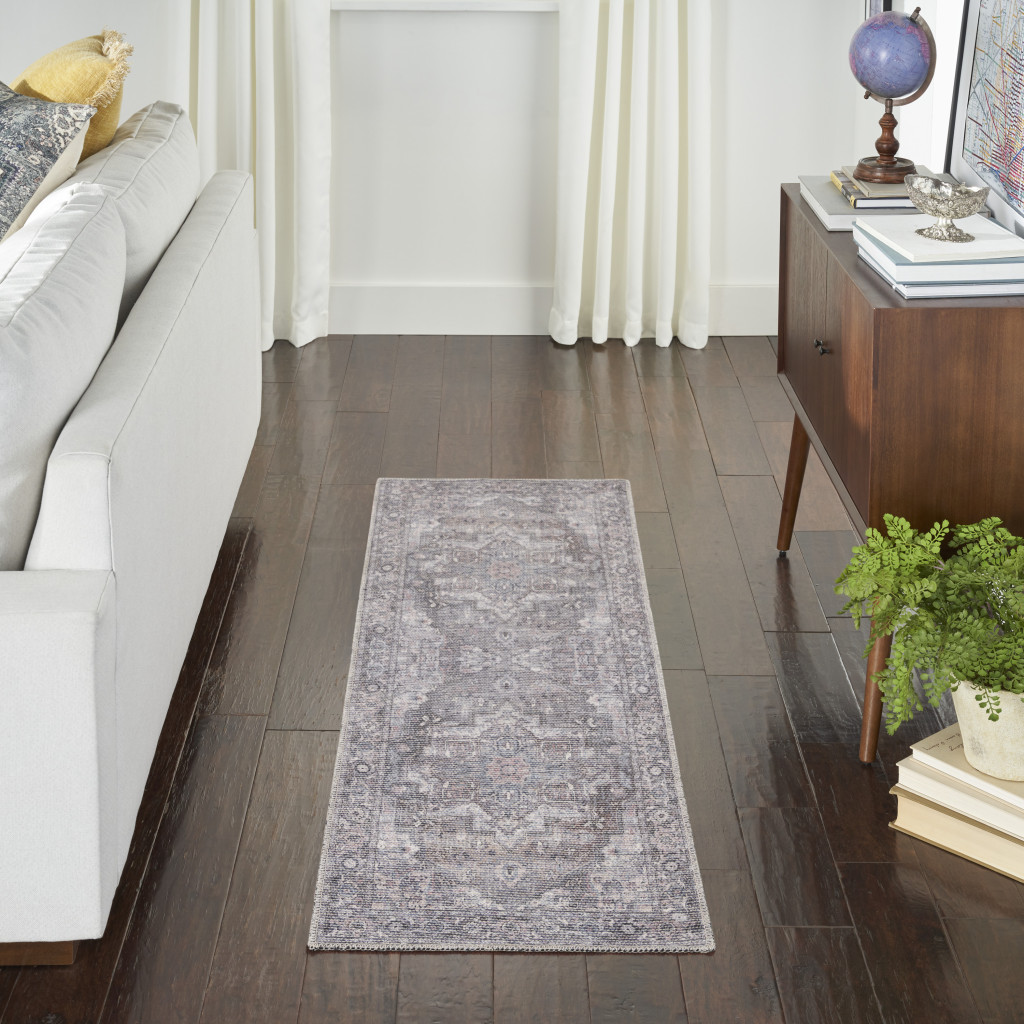 10" Gray Floral Power Loom Distressed Washable Runner Rug