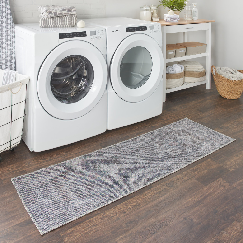 10" Gray Floral Power Loom Distressed Washable Runner Rug