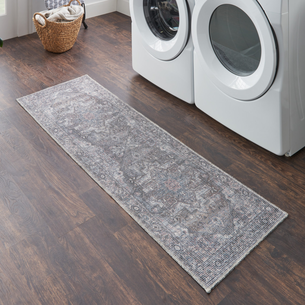 10" Gray Floral Power Loom Distressed Washable Runner Rug