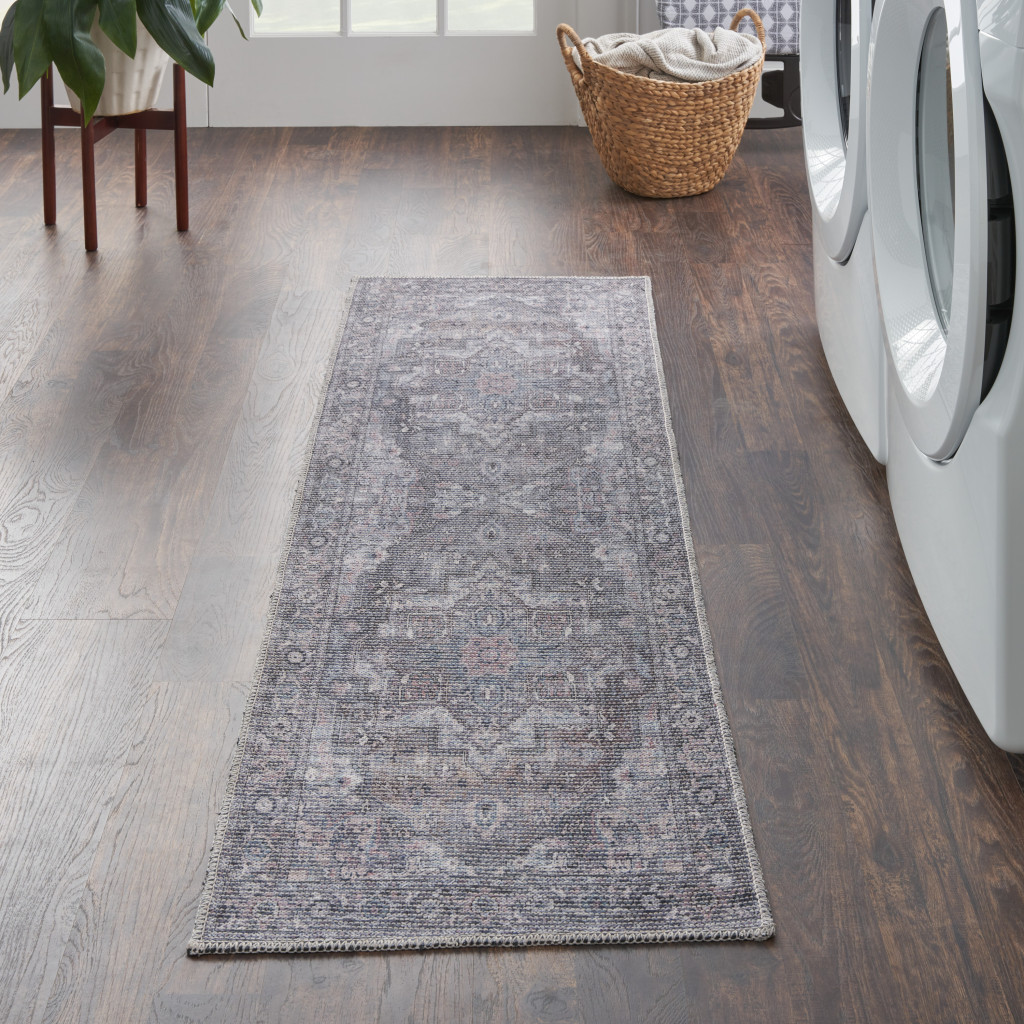 10" Gray Floral Power Loom Distressed Washable Runner Rug