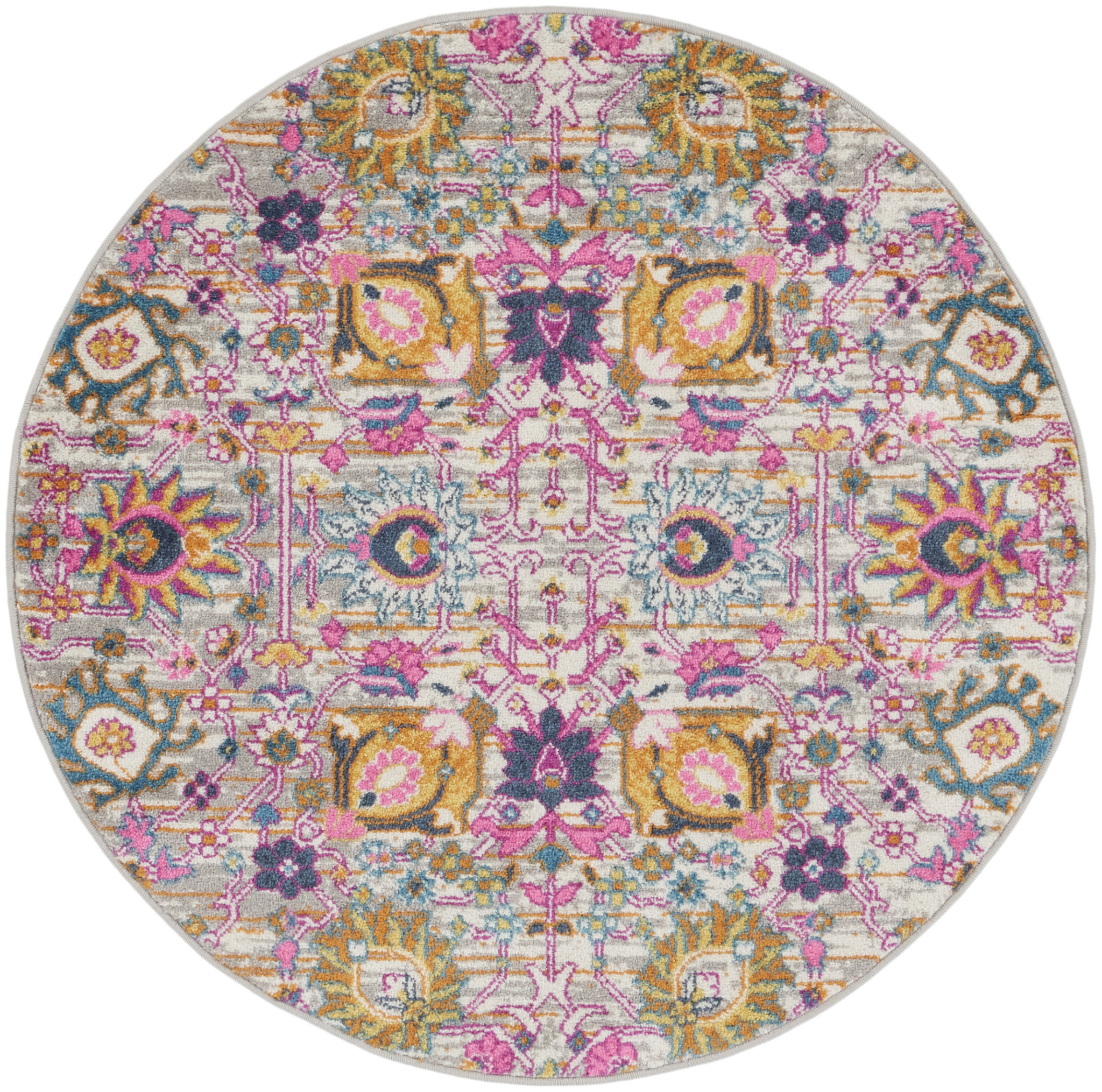 4 gray Round Floral Power Loom Area Rug