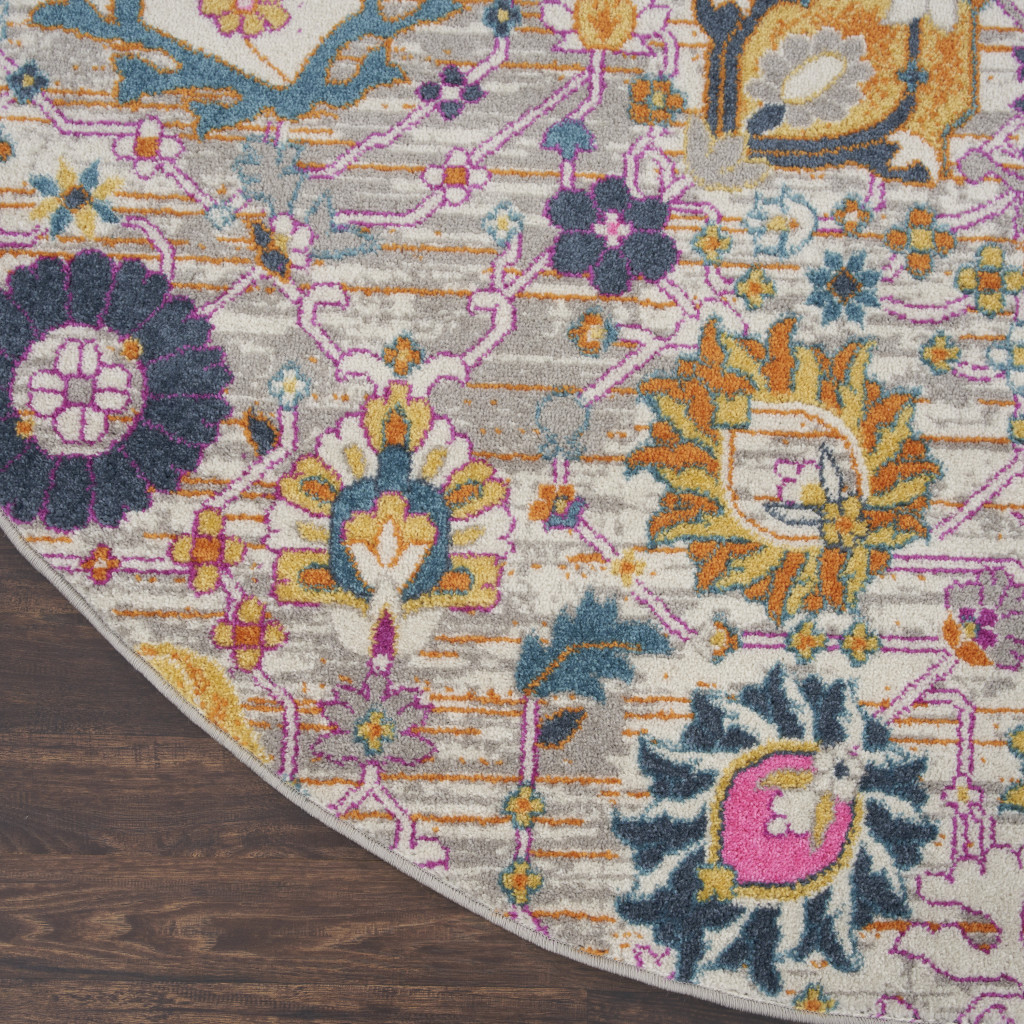 4 gray Round Floral Power Loom Area Rug