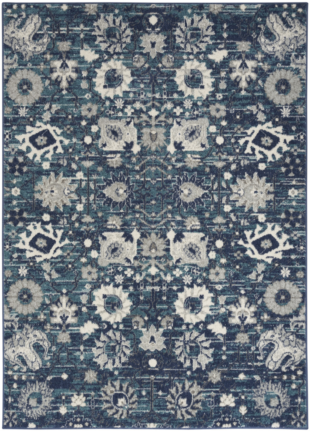 5" X 7" Navy Blue Floral Power Loom Distressed Area Rug