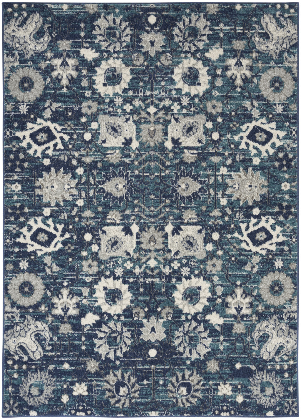 5" X 7" Navy Blue Floral Power Loom Distressed Area Rug