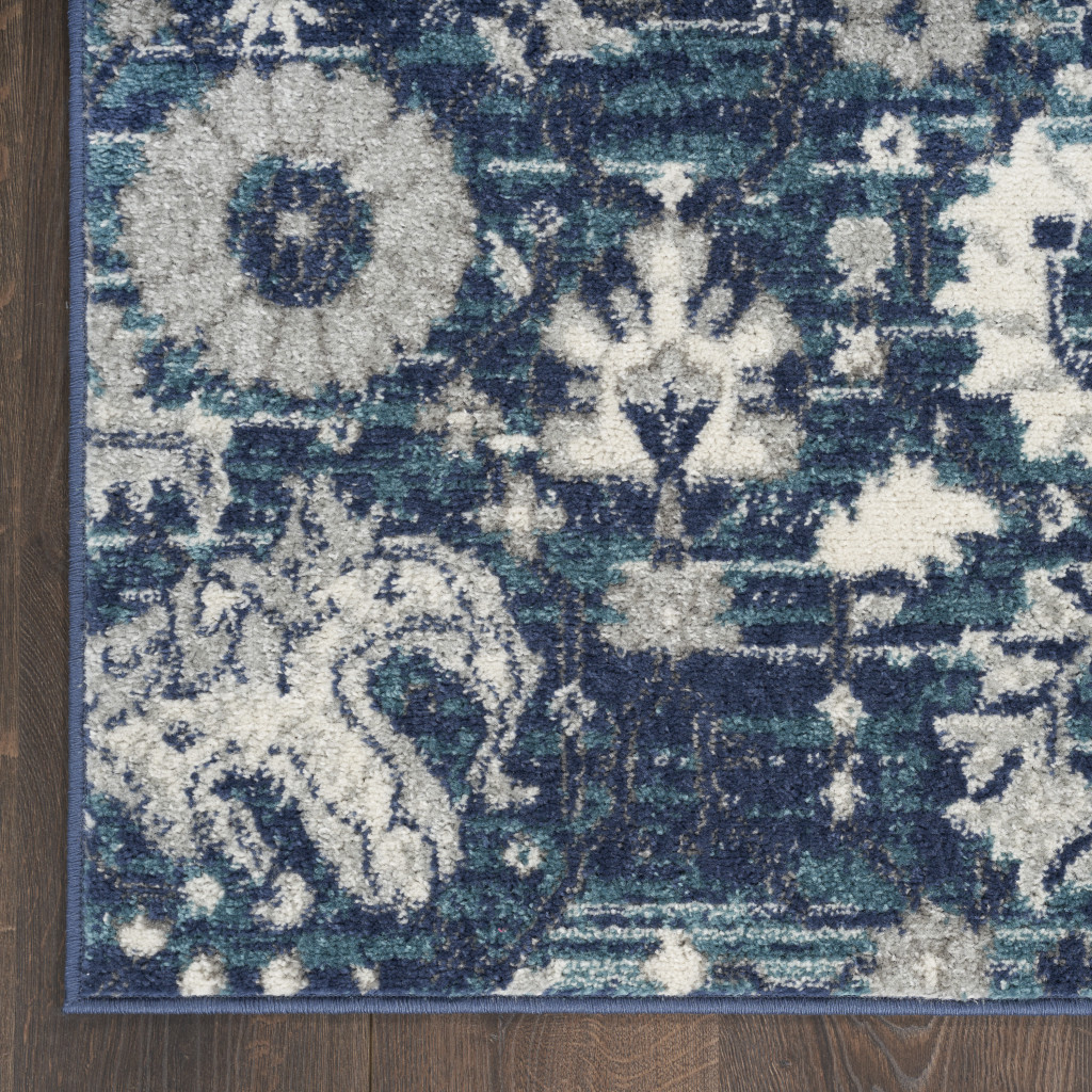 5" X 7" Navy Blue Floral Power Loom Distressed Area Rug