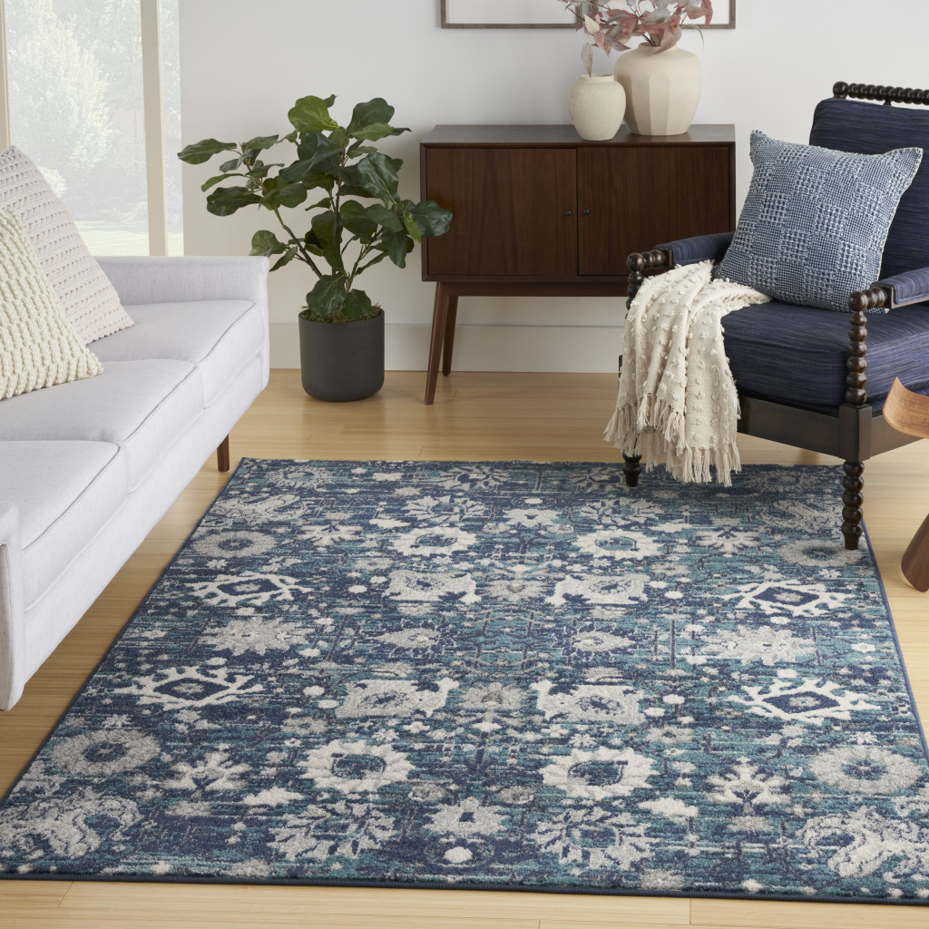 5" X 7" Navy Blue Floral Power Loom Distressed Area Rug