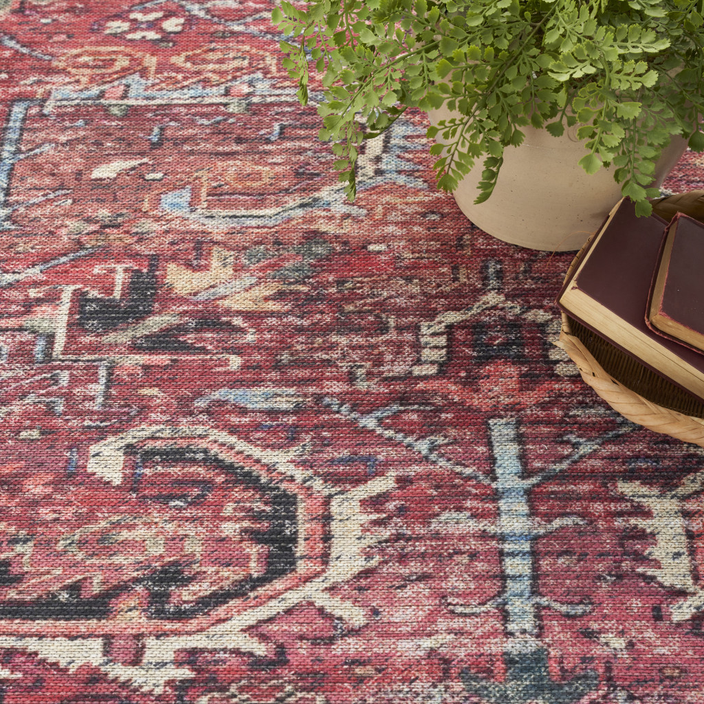 8" X 10" Red Floral Power Loom Distressed Area Rug