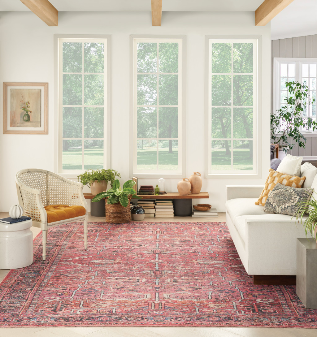 8" X 10" Red Floral Power Loom Distressed Area Rug