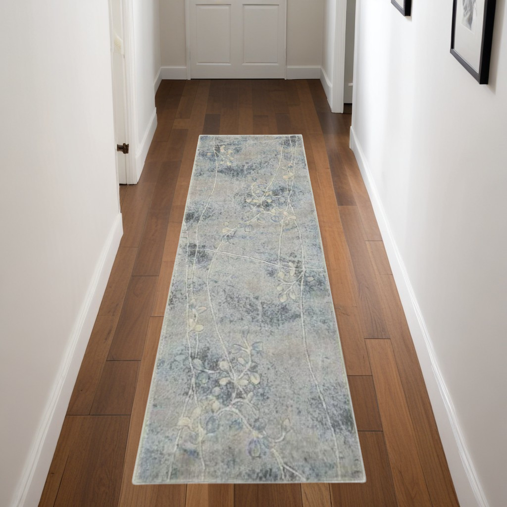 8" Runner Blue and Ivory Floral Power Loom Runner Rug