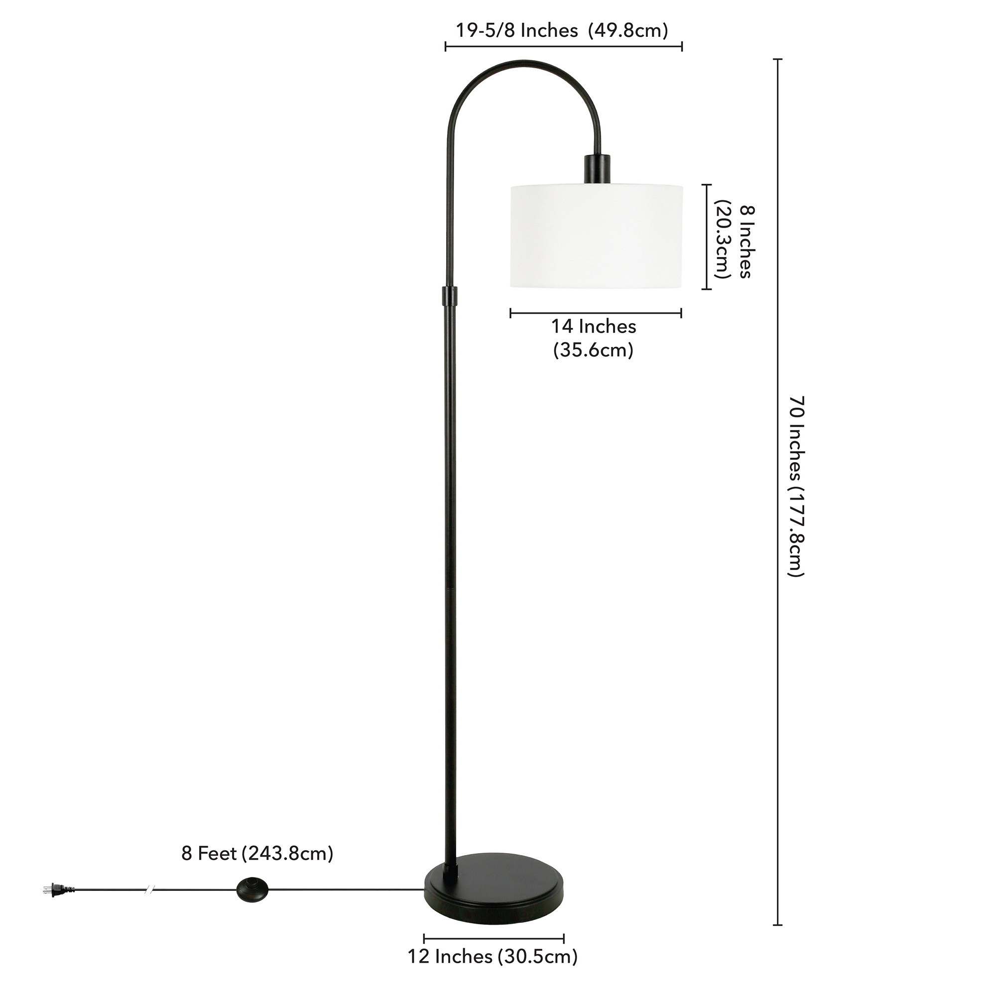 70" Black Arched Floor Lamp With White Frosted Glass Drum Shade
