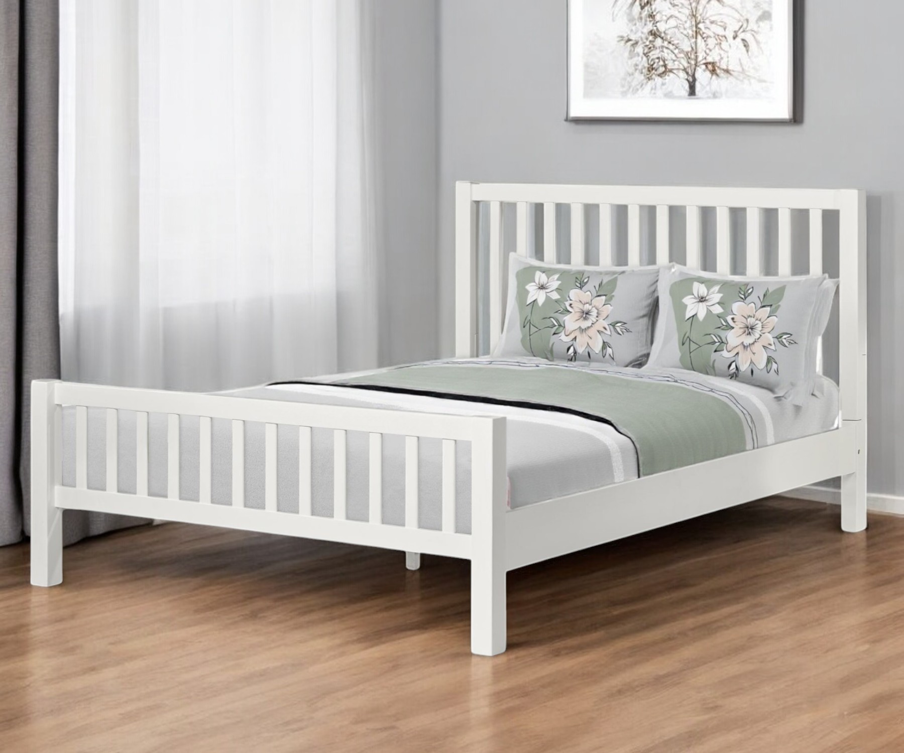 White Slat Back Solid Wood Queen Bed Frame-523634-1