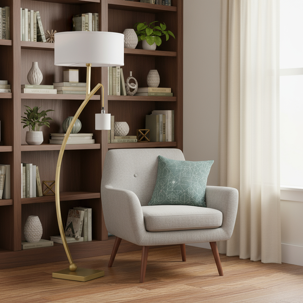 Gold And White Arc Floor Lamp With White Fabric Drum Shade - Thumbnail 3