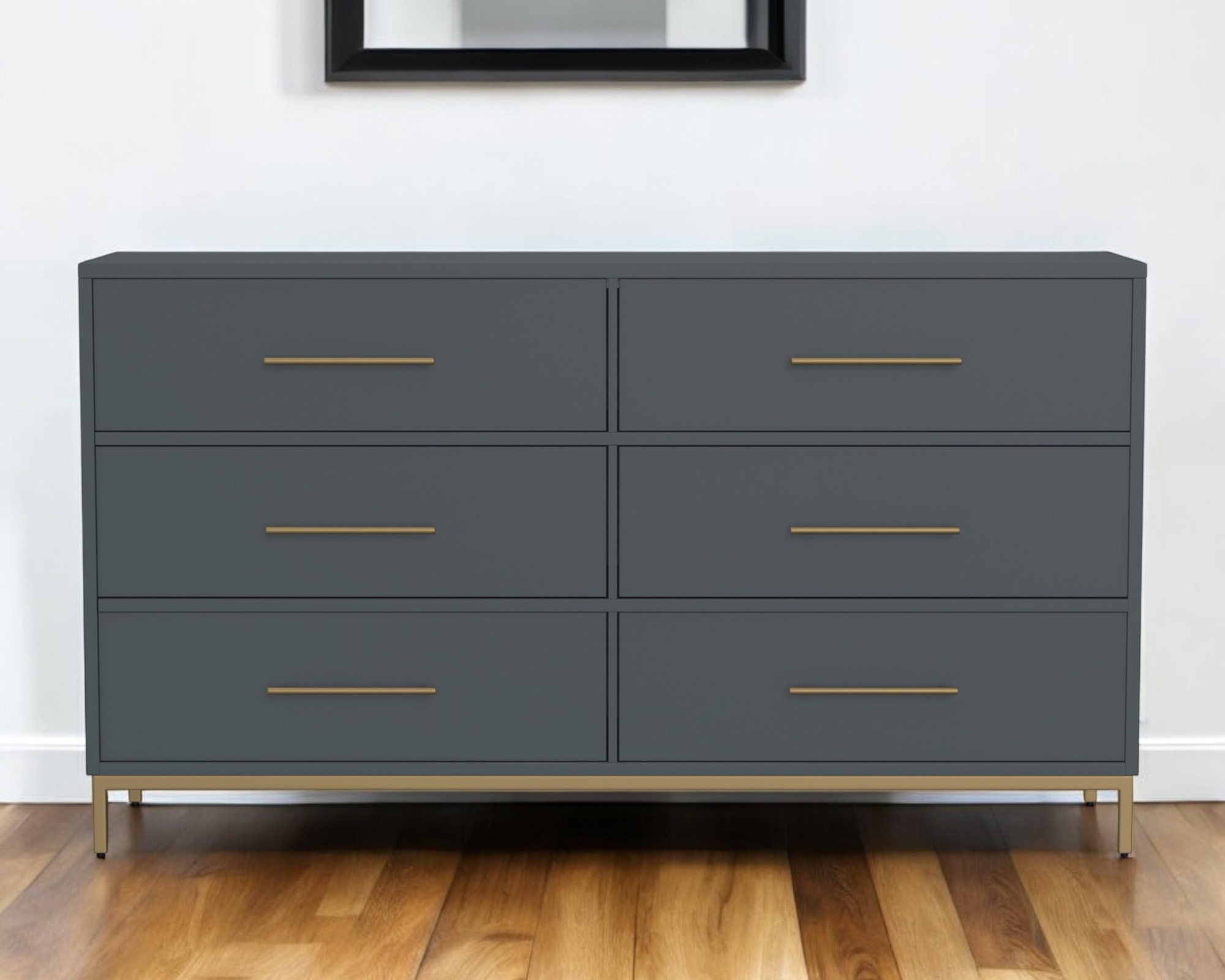 63" Dark Gray Solid Wood Double Dresser with Six Drawers - Modern Chic Storage Solution for Bedrooms