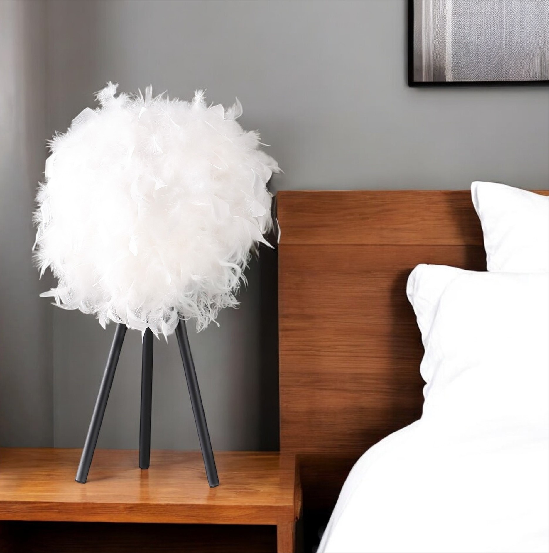 21" Black and White Faux Feather Tripod Table Lamp-524258-1