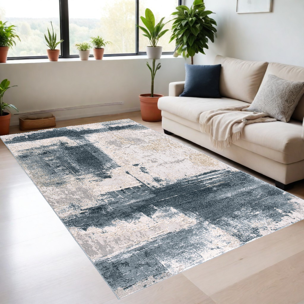 4" X 6" Blue And Beige Abstract Washable Non Skid Area Rug