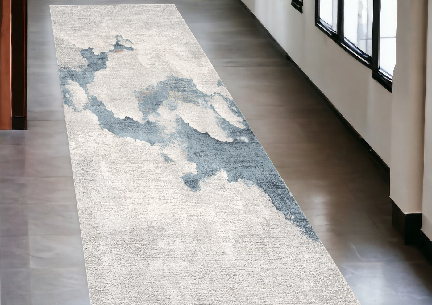 10' Blue And Gray Abstract Washable Runner Rug-524889-1