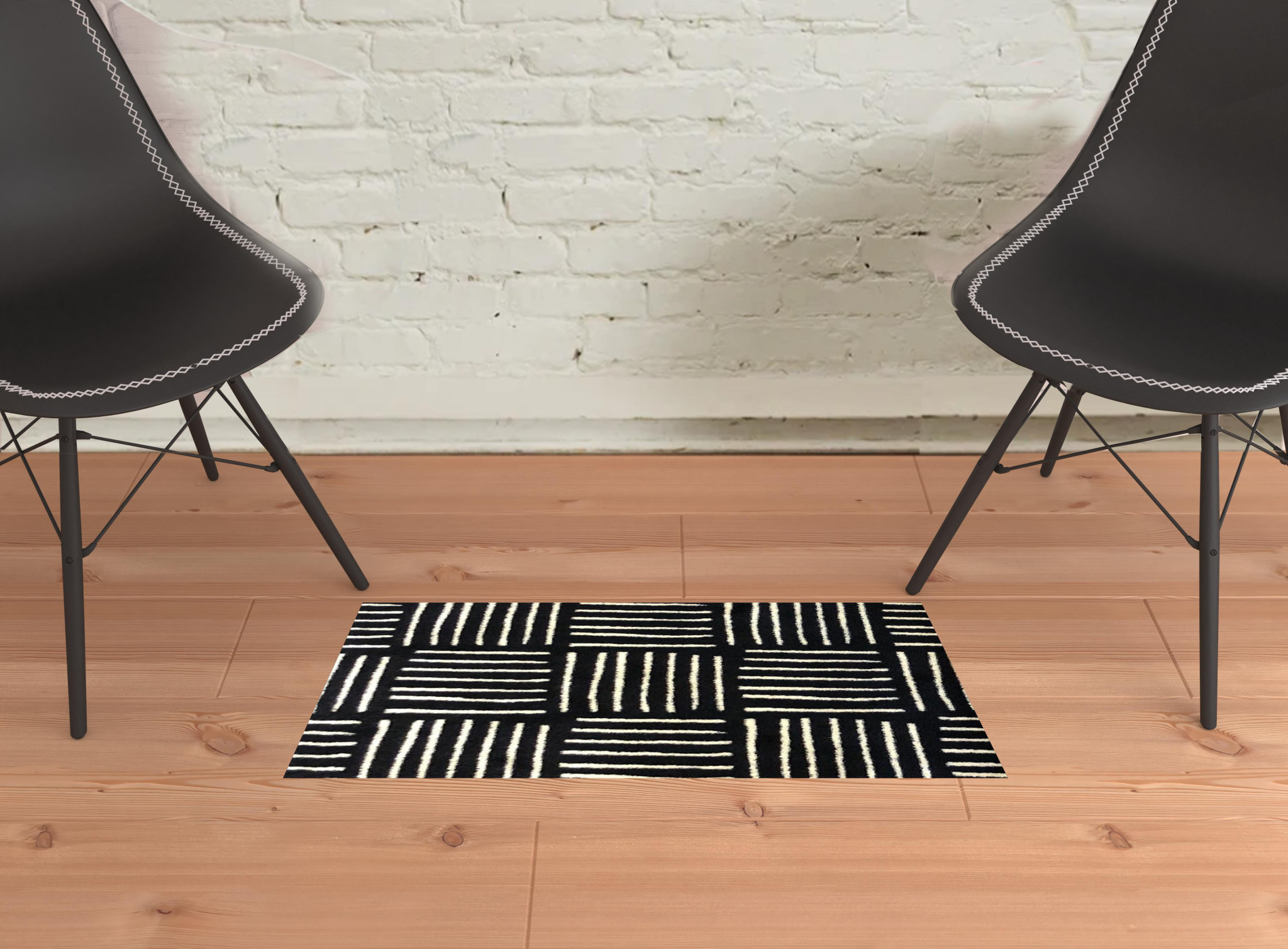 2 x 3 Black and Off White Abstract Machine Tufted Area Rug