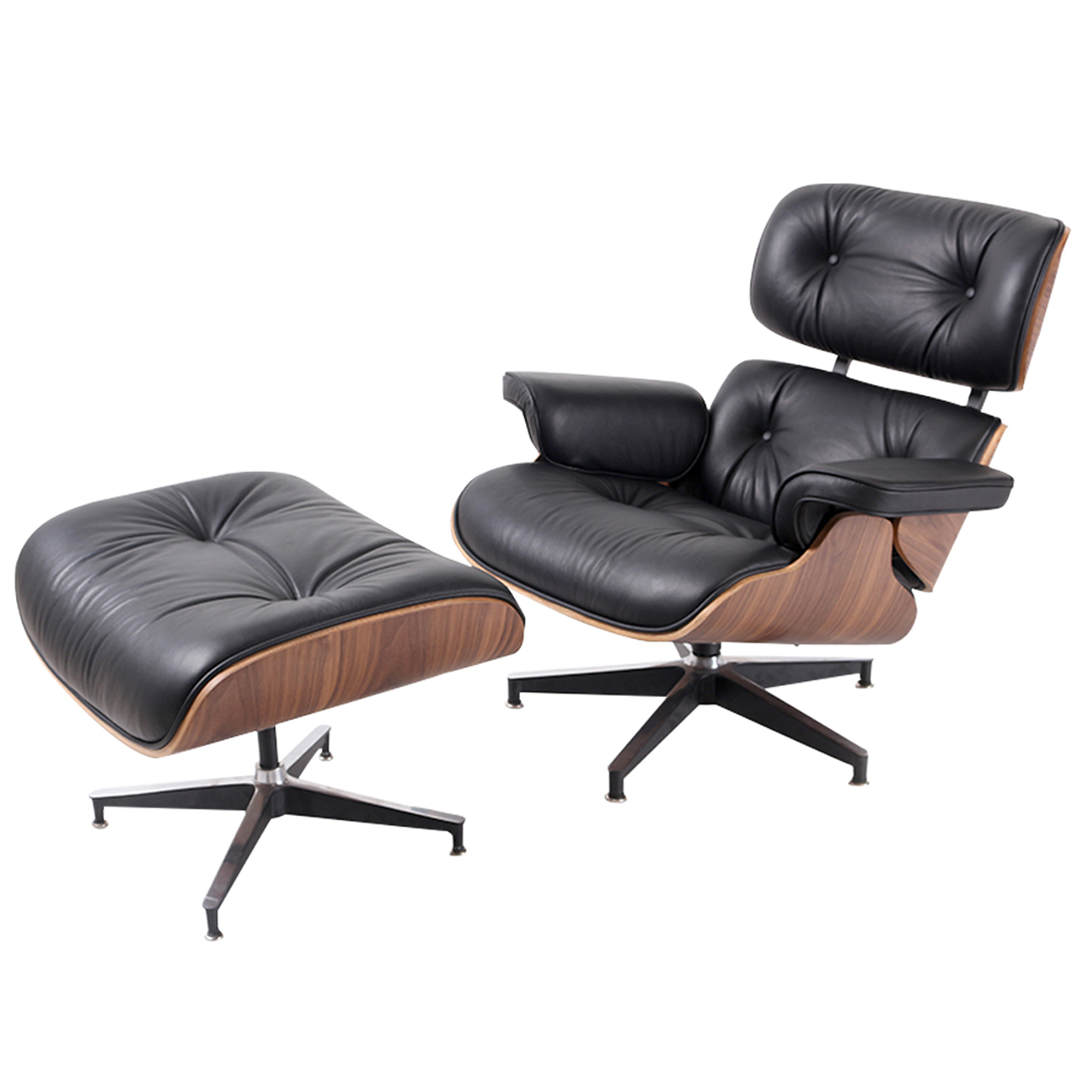 35 Black Tufted Leather And Brown Swivel Lounge Chair With Ottoman