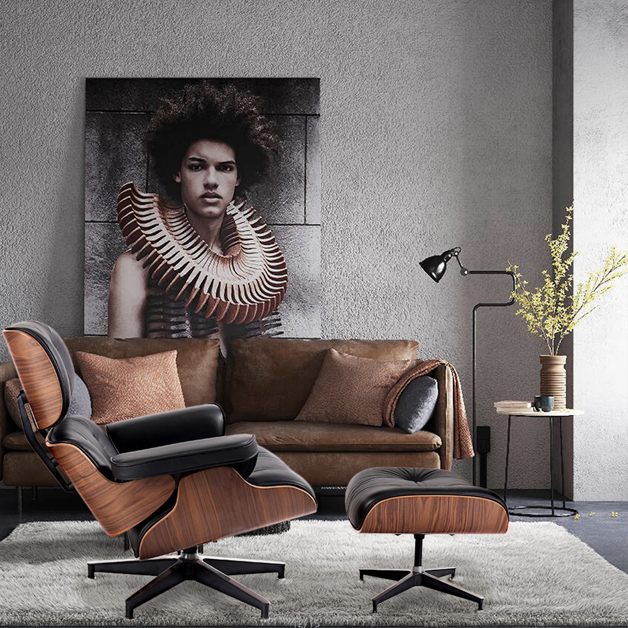 35 Black Tufted Leather And Brown Swivel Lounge Chair With Ottoman