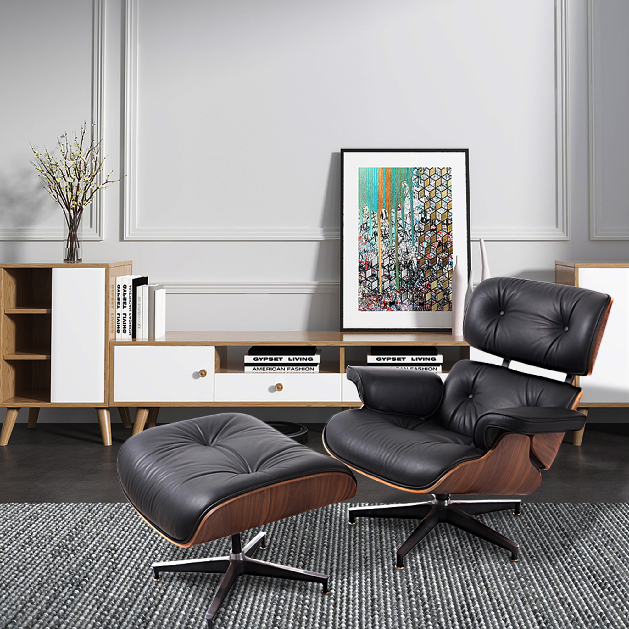 35 Black Tufted Leather And Brown Swivel Lounge Chair With Ottoman