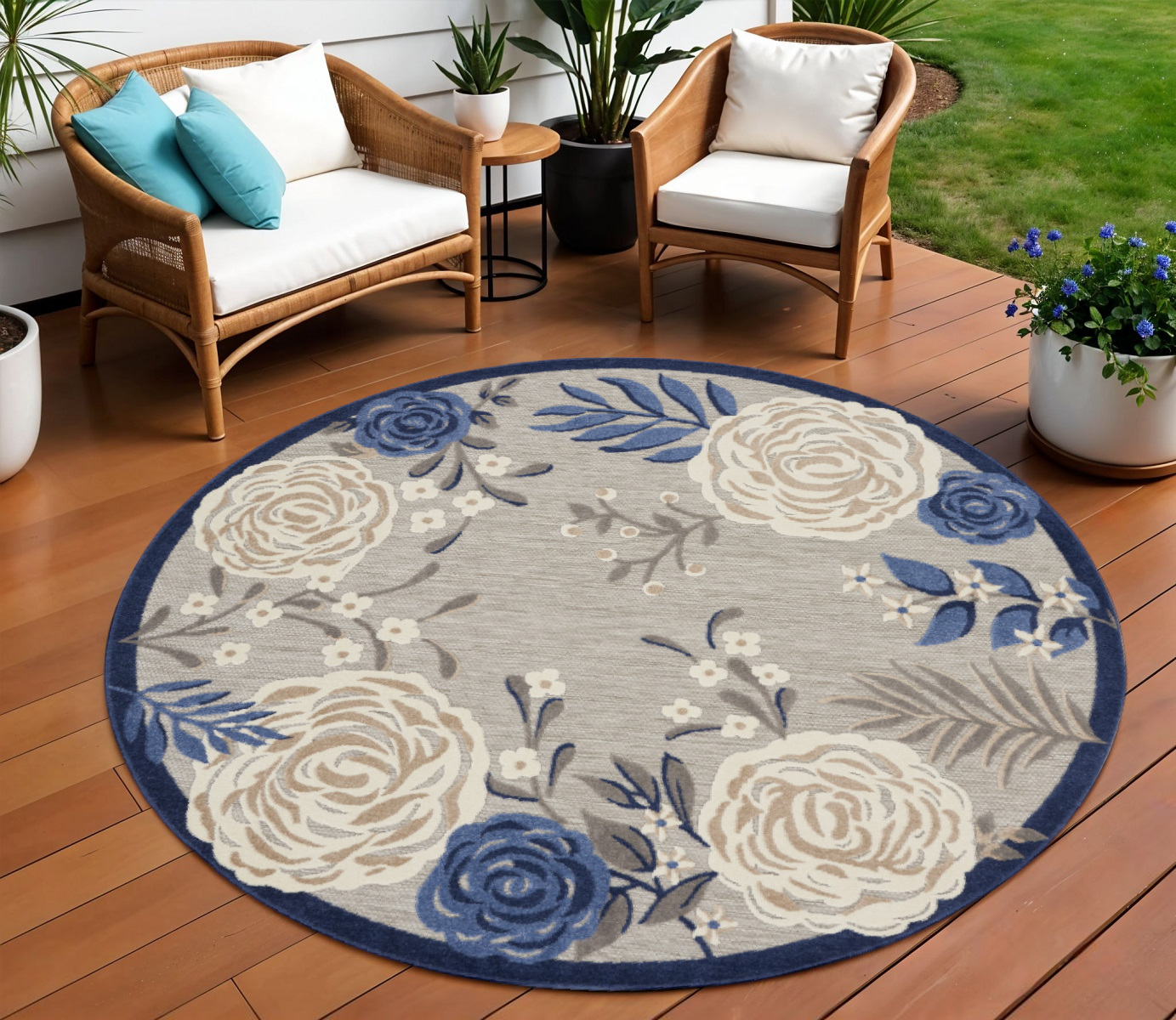 8' Blue and Gray Round Floral Indoor Outdoor Area Rug-527633-1