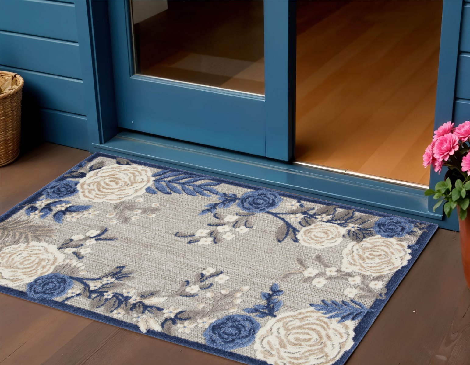 3' X 4' Blue and Gray Floral Indoor Outdoor Area Rug-527634-1